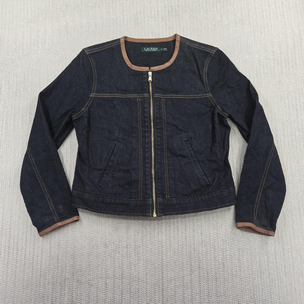 Lauren Ralph Lauren Jacket Womens Small Blue Denim Zip Front Faux Leather Trim